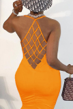 Yellow Sexy Solid Hollowed Out U Neck Pencil Skirt Dresses