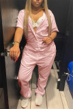 Pink Fashion Casual Solid Basic Turndown Collar Regular Jumpsuits