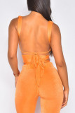 Orange Sexy Solid Bandage Hollowed Out Patchwork V Neck Sleeveless Two Pieces