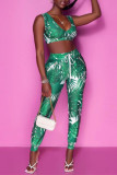 Green Sexy Casual Print Vests Pants V Neck Sleeveless Two Pieces