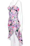 Purple Sexy Print High Opening Spaghetti Strap Sleeveless Two Pieces