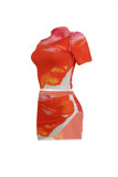 Red Fashion Sexy Print Asymmetrical O Neck Short Sleeve Two Pieces