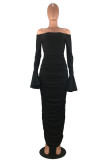 Black Fashion Sexy Solid Backless Fold Off the Shoulder Long Sleeve Two Pieces