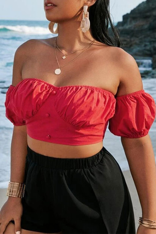Red Sweet Solid Split Joint Fold Strapless Plus Size Tops