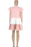 Pink Casual Patchwork Flounce O Neck Short Sleeve Dress