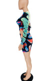 Multicolor Sexy Print Hollowed Out Patchwork O Neck Long Sleeve Two Pieces