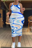 Blue Sexy Print Patchwork Spaghetti Strap Pencil Skirt Dresses