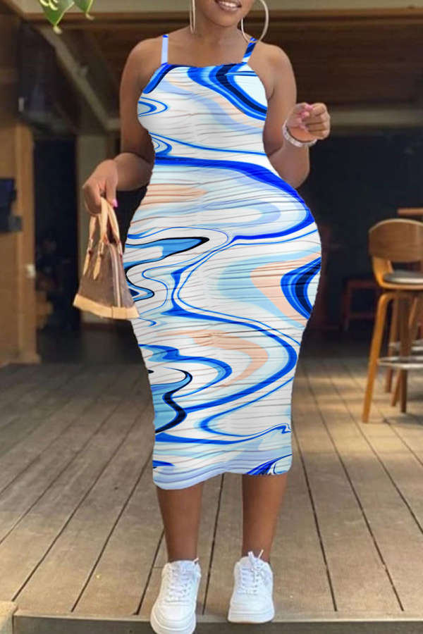 Blue Sexy Print Patchwork Spaghetti Strap Pencil Skirt Dresses