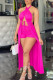 Rose Red Sexy Solid Backless Strap Design Halter Sleeveless Two Pieces