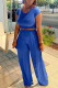 Blue Casual Solid Patchwork O Neck Short Sleeve Two Pieces