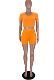 Orange Fashion Casual Solid Basic Short Sleeve Two Pieces