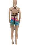 Multicolor Sexy Print Split Joint Frenulum Backless Swimwears