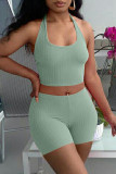 Cyan Sexy Casual Solid Bandage Backless Halter Sleeveless Two Pieces