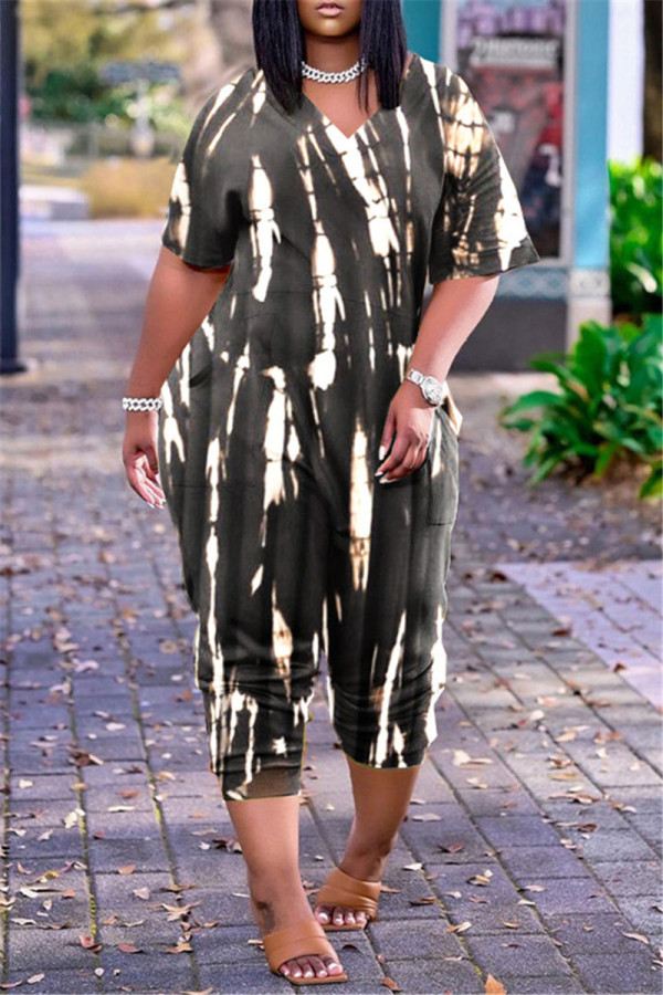 Black Brown Fashion Casual Print Basic V Neck Regular Jumpsuits