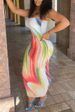 White Fashion Sexy Print Backless Strapless Sleeveless Dress