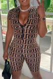 Brown Sexy Print Patchwork Zipper Collar Skinny Rompers