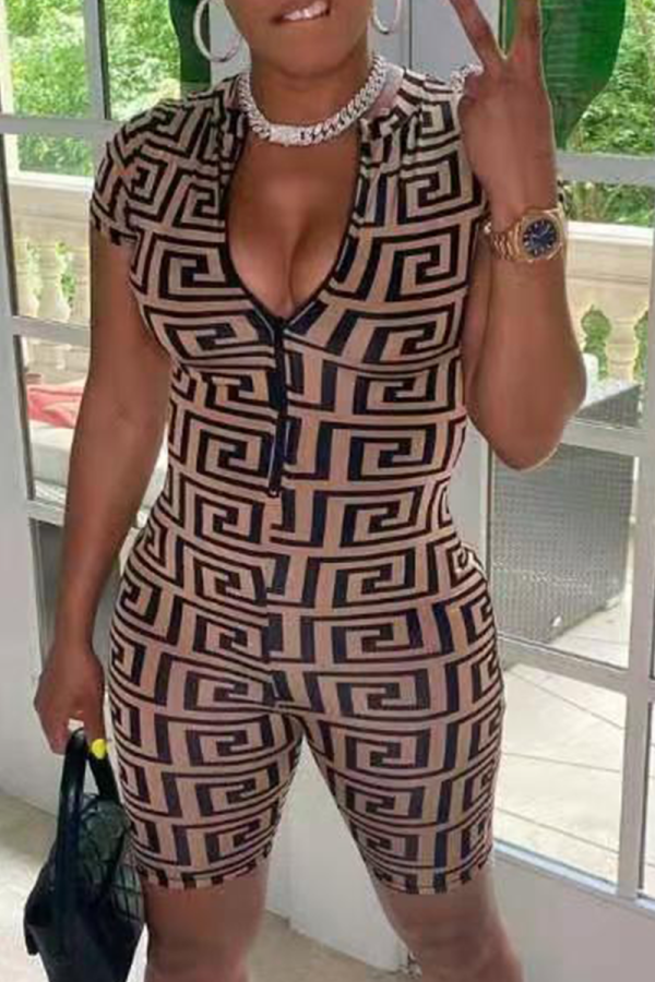 Brown Sexy Print Patchwork Zipper Collar Skinny Rompers
