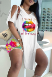 Yellow Casual Print High Opening O Neck Short Sleeve Two Pieces