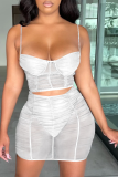 Rose Red Sexy Solid Mesh Spaghetti Strap Sleeveless Two Pieces