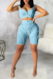 Blue Sexy Solid Zipper Collar Sleeveless Two Pieces