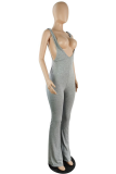 Grey Casual Solid Patchwork Boot Cut Jumpsuits