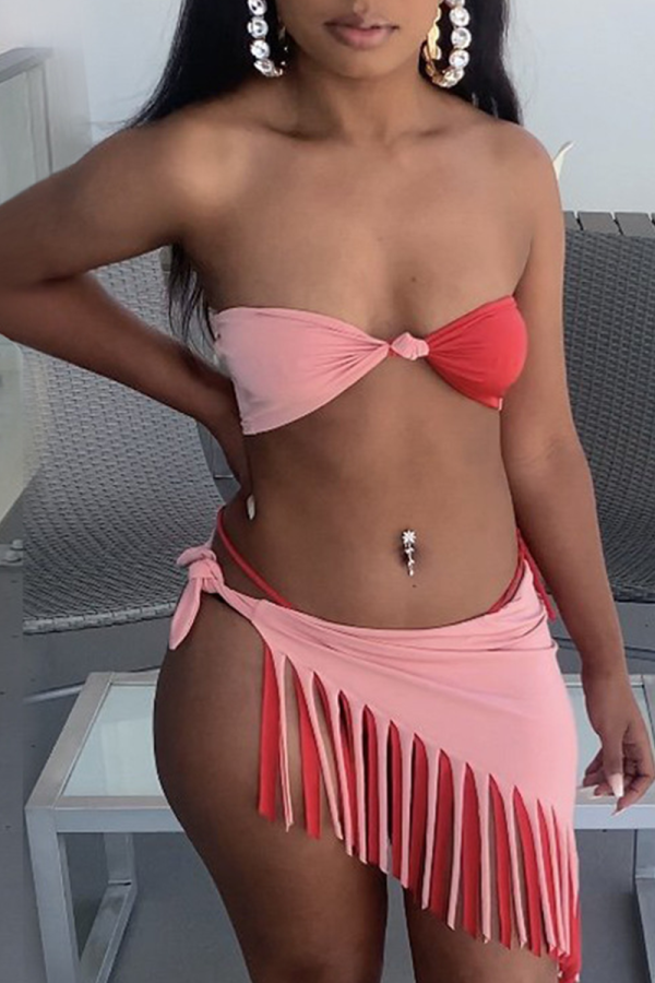 Pink Sexy Patchwork Tassel Bandage Swimwears
