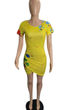 Yellow Sexy Patchwork Tie-dye O Neck Pencil Skirt Plus Size Dresses