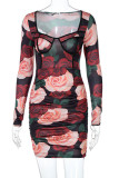 Red Green Elegant Print Make Old Fold Square Collar Pencil Skirt Dresses