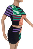 Red Street Striped Print Patchwork O Neck Short Sleeve Two Pieces