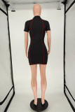 Black Fashion Casual Solid Basic Zipper Collar Short Sleeve Dress