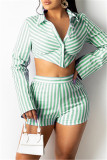 Green Fashion Casual Striped Print Patchwork Turndown Collar Long Sleeve Two Pieces