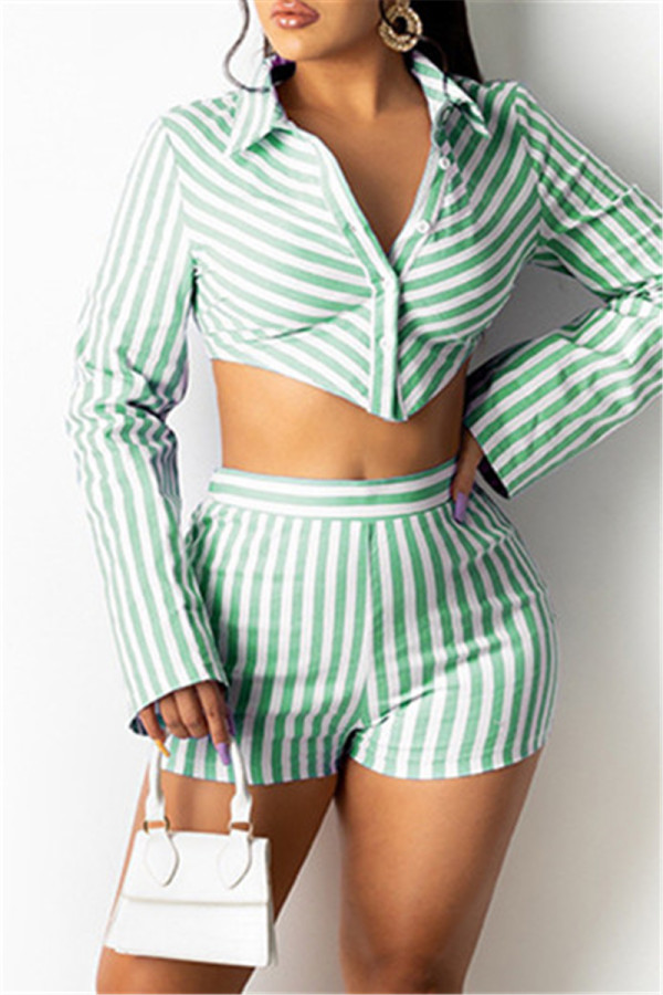 Green Fashion Casual Striped Print Patchwork Turndown Collar Long Sleeve Two Pieces