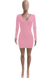 Pink Casual Solid Split Joint V Neck A Line Dresses