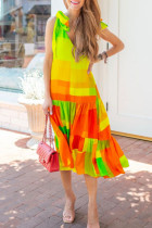 Yellow Fashion Street Print Split Joint V Neck A Line Dresses