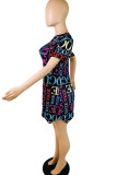 Black Street Print Patchwork Asymmetrical O Neck Dresses