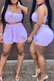 Light Purple Sexy Casual Solid Ripped Bandage One Shoulder Sleeveless Two Pieces