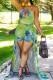 Green Fashion Print Tie Dye Hollowed Out Backless Halter Sleeveless Two Pieces