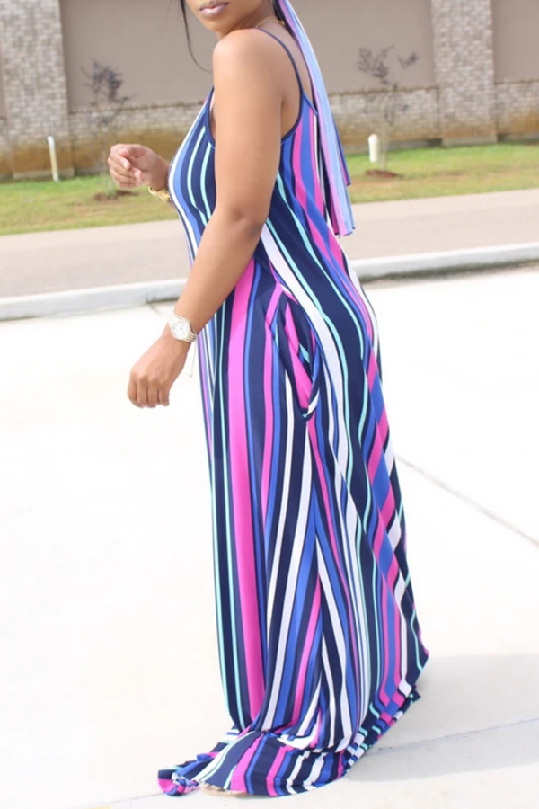 Blue Casual Striped Patchwork Spaghetti Strap Straight Dresses
