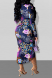 Deep Blue Sexy Print Hollowed Out V Neck Irregular Dress Dresses