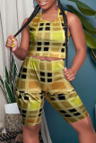 Yellow Fashion Casual Plaid Print Vests O Neck Sleeveless Two Pieces
