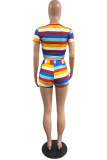 Colour Casual Striped Patchwork O Neck Short Sleeve Two Pieces