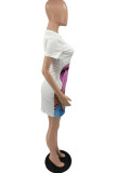 White Fashion Casual Print Basic O Neck Short Sleeve Dress
