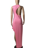 Red Sexy Solid Patchwork Backless Asymmetrical O Neck Vest Dress Dresses