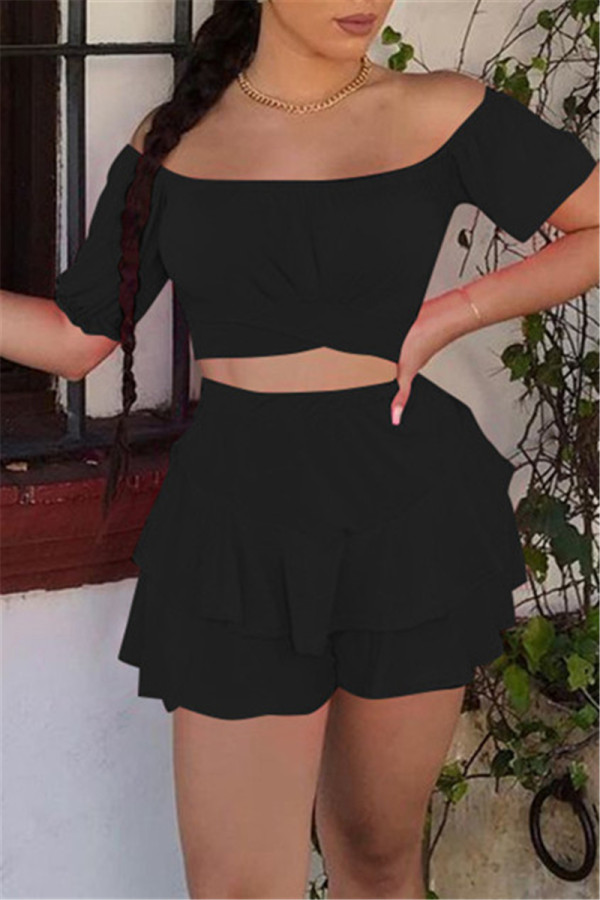 Black Sexy Casual Solid Backless Off the Shoulder Short Sleeve Two Pieces