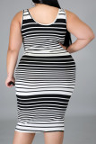 Black Casual Striped Print Bandage Patchwork Knotted U Neck Pencil Skirt Plus Size Dresses