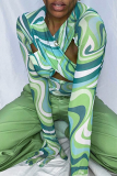 Green Sexy Print Hollowed Out Patchwork O Neck Tops
