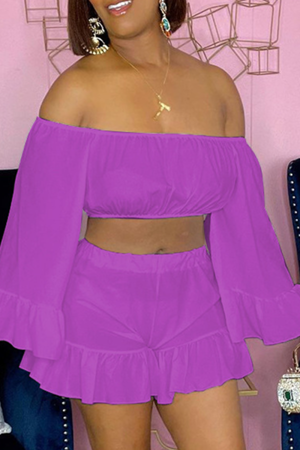 Purple Casual Solid Patchwork Off the Shoulder Long Sleeve Two Pieces