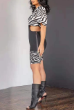White Casual Animal Print Patchwork O Neck Short Sleeve Two Pieces