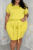 Yellow Fashion Sexy Solid Basic O Neck Plus Size Two Pieces
