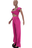 Pink Fashion Casual Solid Vests Pants Square Collar Two Pieces